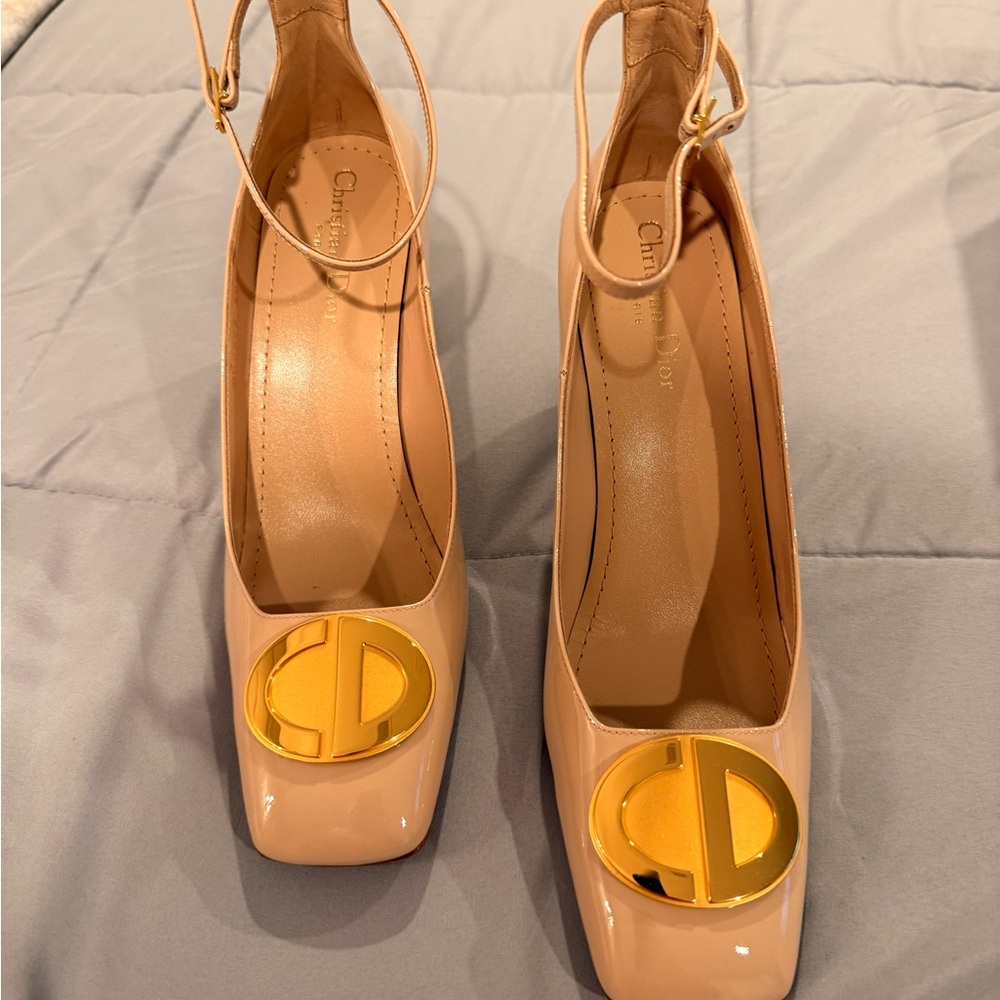Dior Beige Patent Leather Ankle-Strap Pumps with Gold Medallion